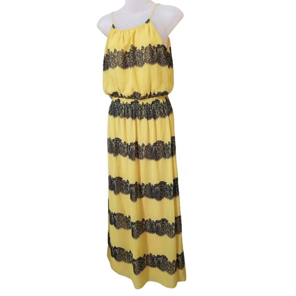EnFocus Studio Yellow Black Lace Print Maxi Dress Sleeveless Lined Womens Size 6